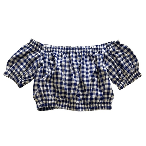 L’Academie Blue Gingham Off Shoulder Crop Top Size Small - Picture 2 of 10